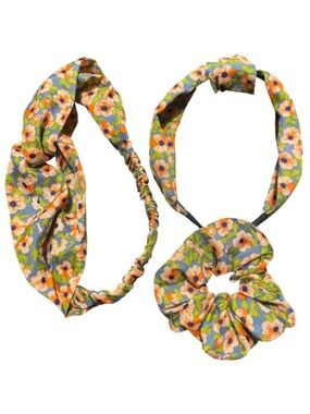 Floral Blue & Orange Headband and Scrunchie Set